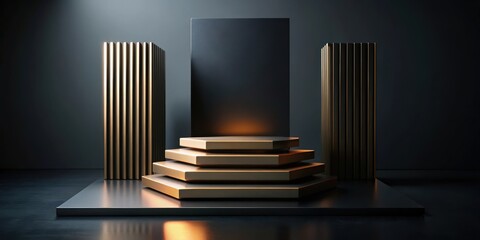 Fototapeta premium Elegant Hexagonal Podium with Golden Accents and Dark Background for Product Display