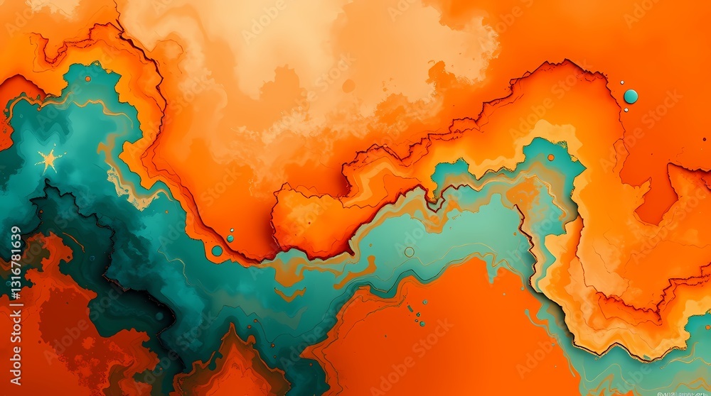 Poster abstract fluid dynamics: a captivating abstract design featuring a blend of vibrant orange and teal 