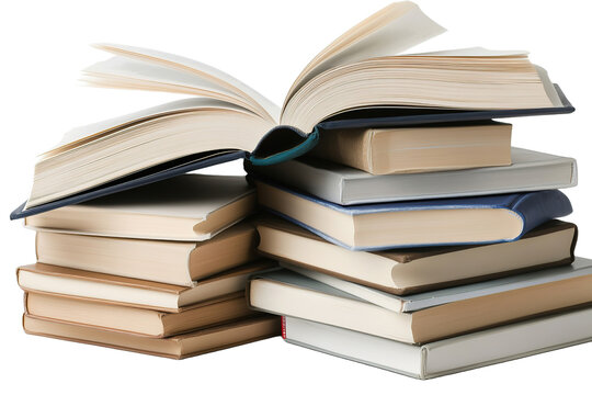 Stacked books with an open book on top, inviting readers to explore literary worlds and knowledge
