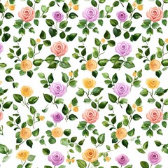 Watercolor Seamless Pattern Delicate Pastel Roses and Green Leaves Floral Design