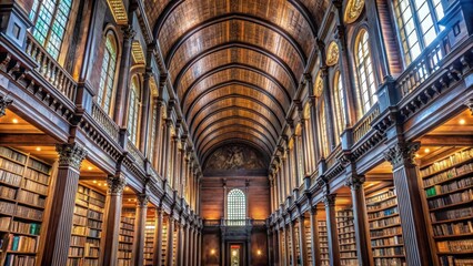 Fototapeta premium High ceiling with ornate wood carvings and large stained glass windows in the interior of historic Trinity College Library Dublin , Dublin, ancient
