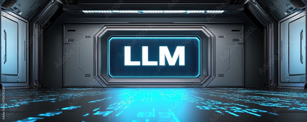 Poster futuristic llm technology interface sci fi digital screen display in modern spacecraft corridor