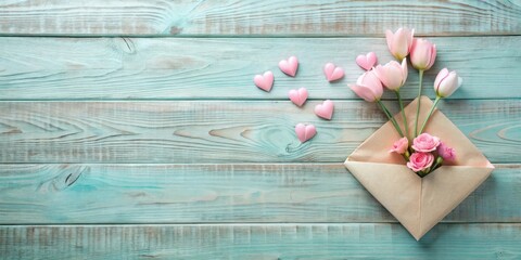 Fototapeta premium A delicate arrangement of pink tulips and roses nestled in a kraft envelope, accompanied by scattered heart shapes on a rustic light-blue wooden background, evokes feelings of love and affection.