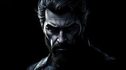Obraz premium Shadowed Determination: A portrait of a determined man with a grizzled beard is illuminated in a dramatic style against a dark background, and evoking a sense of resilience, confidence. 