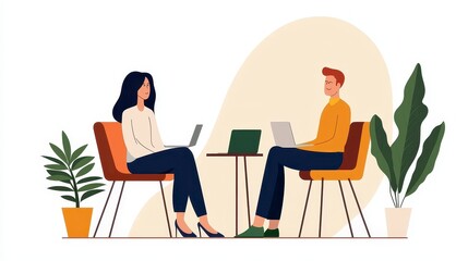 Business Meeting Scene Two Figures Using Laptops