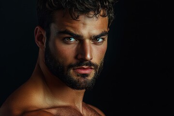 Obraz premium Close-up portrait of a handsome, muscular man with a beard. Perfect for fashion, beauty, or masculinity concepts.