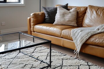 A modern minimalist interior design in the living room with a close-up shot of a brown leather sofa and a glass coffee table. Generative AI
