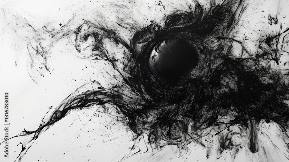 Poster abstract black swirling ink design with dynamic flow and contrasting white background