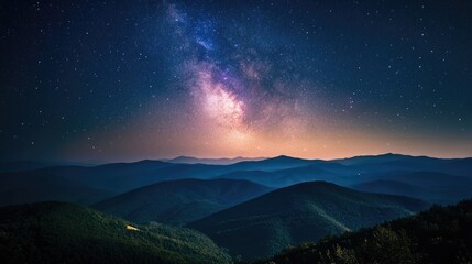 Vibrant Night Sky Over Majestic Mountain Range with Stars and Milky Way Galaxy in Clear Blue Atmosphere