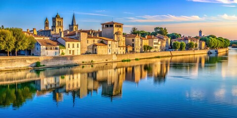 view of the rhone river in arles, France, medieval architecture, serene,  medieval architecture,serene, waterway