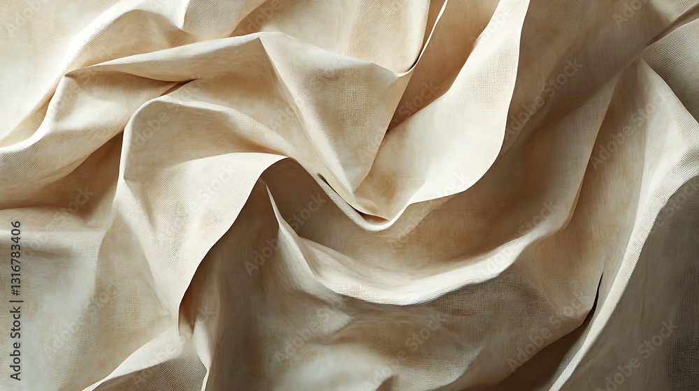 Poster a close-up of crumpled beige fabric, showcasing texture and subtle color variations.
