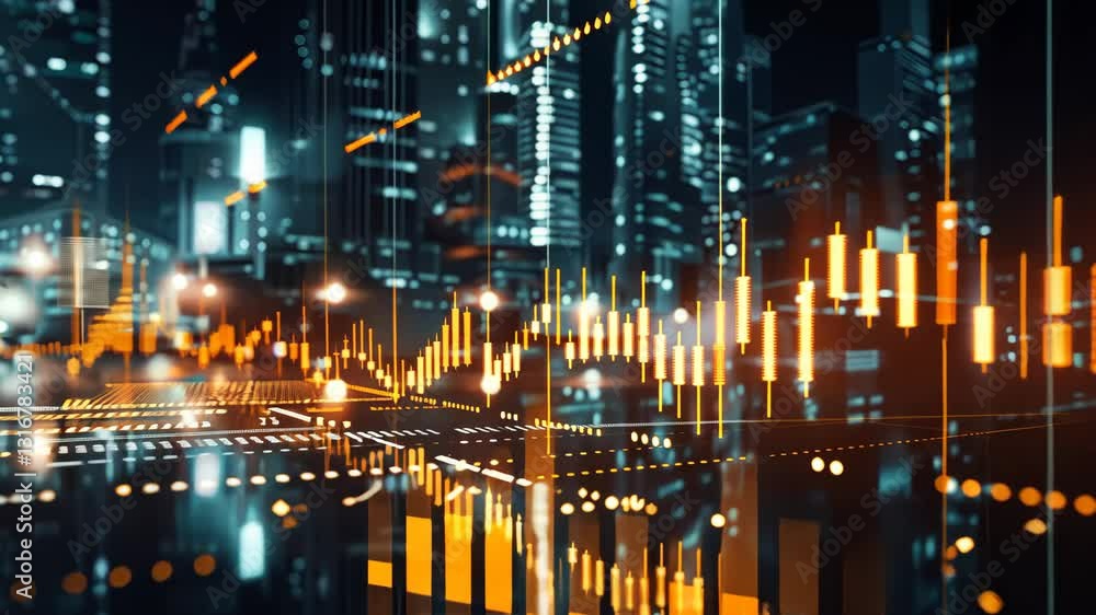 Poster advanced financial chart with candlestick patterns and trading volumes