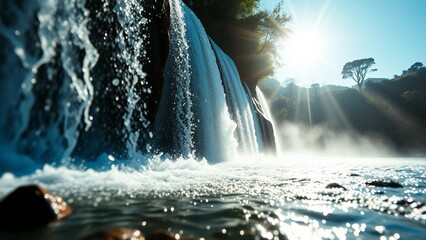 Obraz premium Waterfalls stunning beauty is enhanced by suns warm embrace as it illuminates interplay of light and