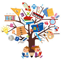 木にたくさんの趣味や学業が成長しているイラスト