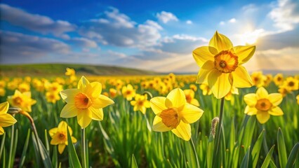 Fototapeta premium Bright yellow daffodil flowers swaying gently in the breeze amidst a sea of green grass in a vast open field , sunny
