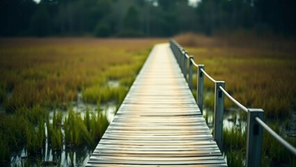 Obraz premium Viewer is invited to take a leisurely walk along a boardwalk in a coastal marsh where they can admir
