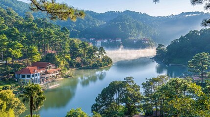 Fototapeta premium Serene Lake Surrounded by Dense Pine Forests with Misty Fog at Dawn in a Picturesque Natural Landscape