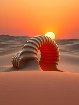 3D sandworm bursting from desert dunes sunrise dynamic perspective hyper realistic texture