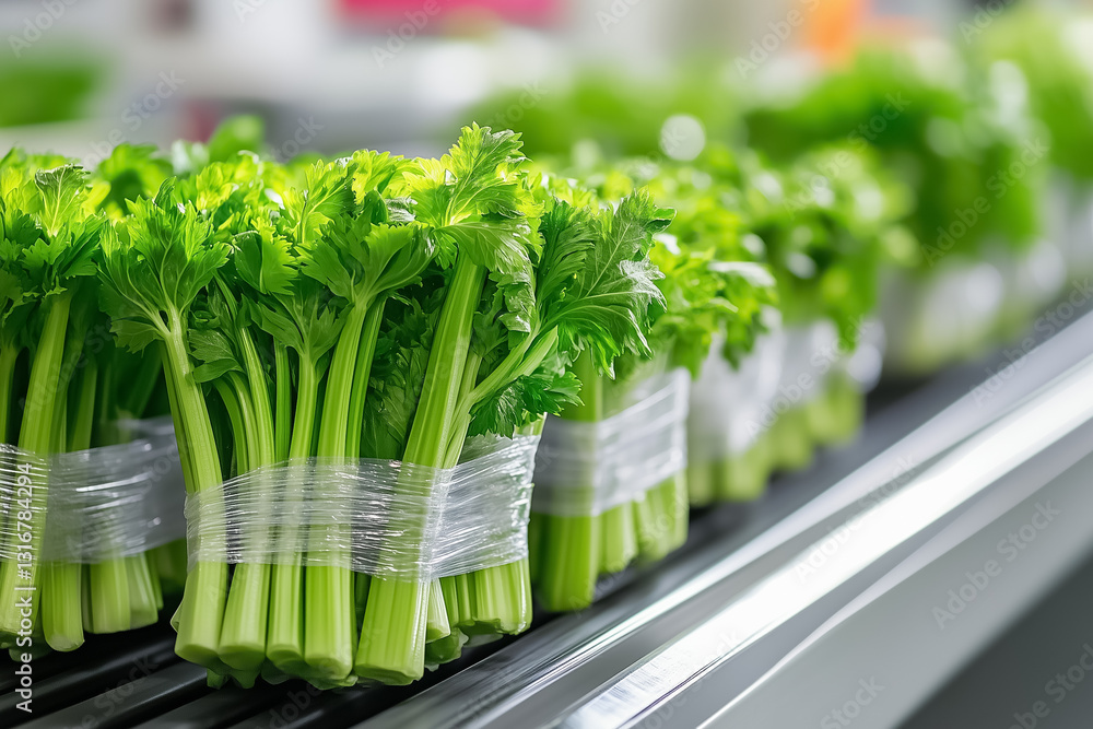 Poster bundles of crisp celery wrapped in plastic bands glide smoothly along a conveyor belt in a contempor