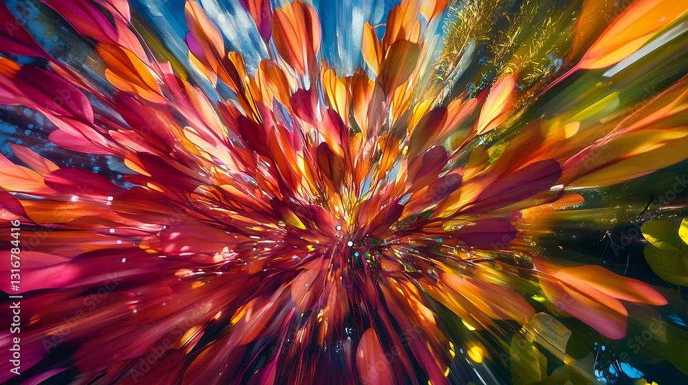 Poster a vibrant explosion of colorful flowers, creating an abstract artistic effect.