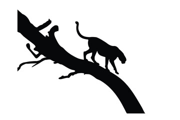A silhouette of male cheetah prepares to jump from tree vector icon illustration on white background.