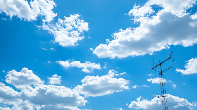 A television antenna set against a backdrop of a bright blue sky scattered with white clouds