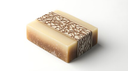 Realistic close-up of an artisanal soap bar with unique packaging, including a detailed label & decorative wrapping, white background