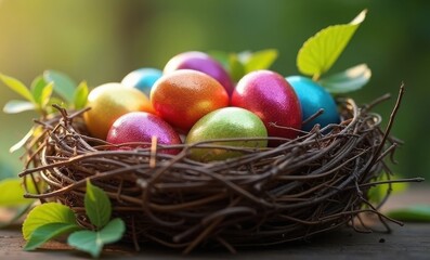 Obraz premium Colorful Easter eggs nestled in a woven nest. Spring, holiday themes