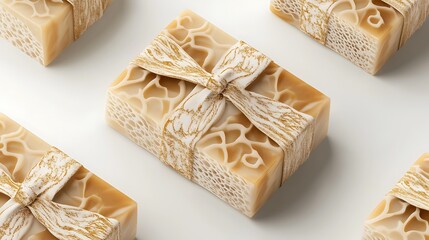 Realistic close-up of an artisanal soap bar with unique packaging, including a detailed label & decorative wrapping, white background