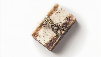 Realistic close-up of an artisanal soap bar with unique packaging, including a detailed label & decorative wrapping, white background