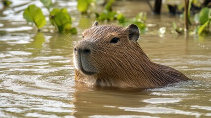 Capybara emerging from the tranquil water of South American wetlands