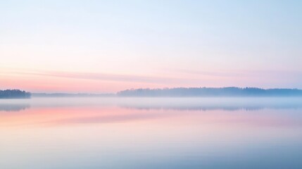 Fototapeta premium Serene Morning Lake Landscape with Misty Water and Soft Pastel Sky Colors at Dawn