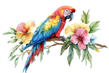 Fototapeta premium Vibrant Watercolor Parrot Perched Among Colorful Tropical Flowers
