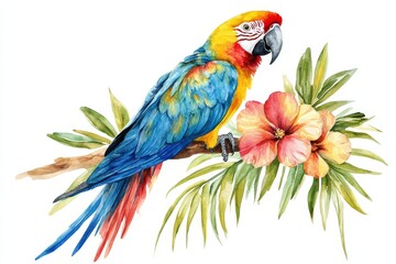 Fototapeta premium Vibrant Macaw Parrot Perched on Tropical Plant with Flower