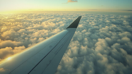 Aerial view from an airplane window showcasing the aircraft's wing flaps, soaring above a sea of clouds