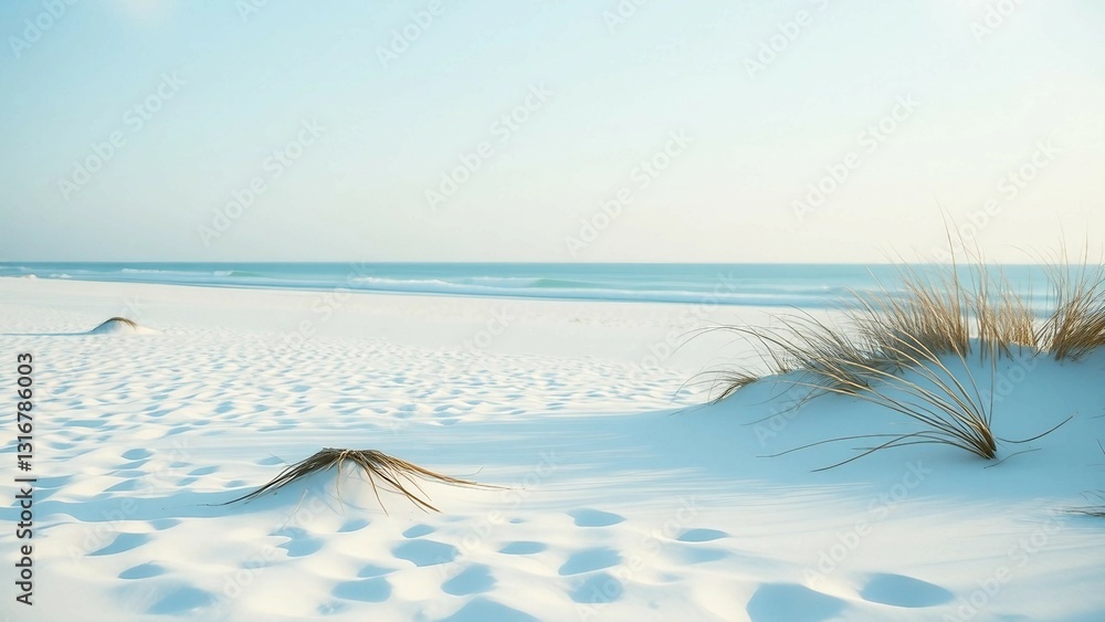 Poster serene and introspective characteristics of a white beach scene representing how these environments