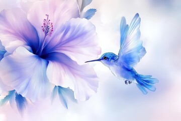 Obraz premium A Serene Blue Hummingbird Approaching a Vibrant Hibiscus Flower