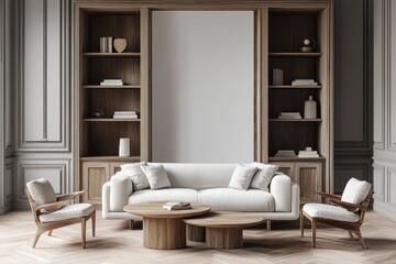 Modern living room with white sofa, wooden shelves, and coffee tables.