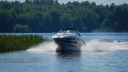 Fototapeta premium Speedboat cruising on a calm lake, surrounded by lush greenery