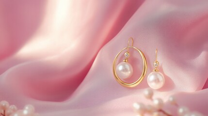 Modern Gold Pearl Earrings on Pastel Pink
