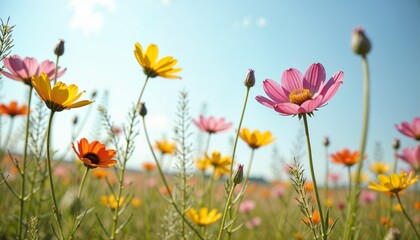 Obraz premium Colorful wildflowers in a sunlit field against a bright blue sky