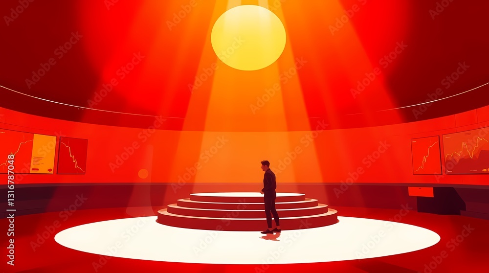 Poster a solitary figure: a man stands alone on a stage illuminated by a spotlight, a visual representation