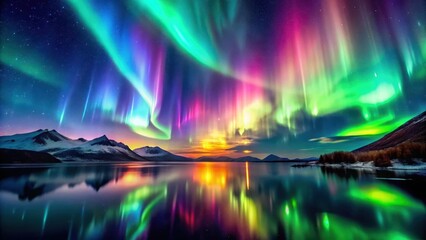 Ethereal landscape of the aurora borealis illuminated with vibrant colors against a dark sky , fantasy, glowing