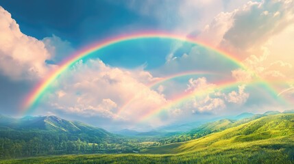 Spectacular Double Rainbow Over Lush Green Valley Landscape Under Clear Sky with Gentle Clouds