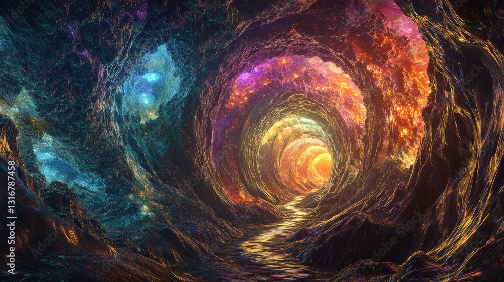 Poster enchanting cosmic tunnel of colors with swirling patterns and glowing light source