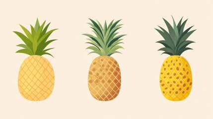 Three stylized pineapples, cartoon illustration, food graphic, poster design