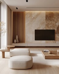 Elegant beige ottoman rests on a white textured rug, inviting comfort and style in any room setting