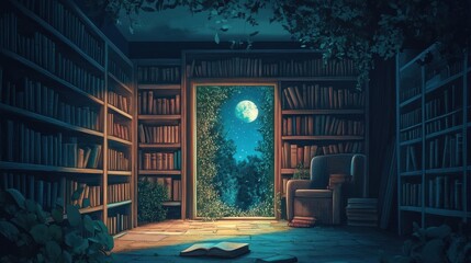A cozy library shows a moonlit scene through an opening