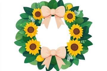 Vibrant Sunflower Wreath with Greenery and Decorative Bows