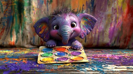 Joyful Purple Elephant with Paint Palette in a Colorful Artistic Environment